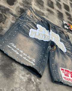 Distress Patch <b>Work</b> Custom Made OEM Wholesale Fashion Streetwear Denim Jorts Embroidery Patch Rhinestone Embellished Design - Product Image 4