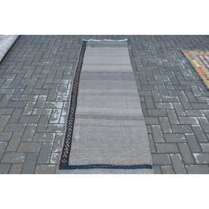 Turkish Vintage <b>Runner</b> <b>Rug</b> 2.6x7.6 ft (79x232 cm), Gray Floral Kilim <b>Rug</b> - Product Image 1