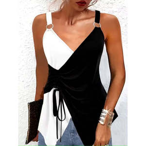 Blusa de viscosa bicolor con tiras y cuello cruzado con lazo lateral para mujer, 37601 - Negro - Product Image 5