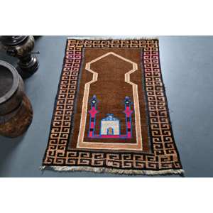Tapis de laine Patchwork noir marron traditionnel 2.5x3.6 pieds fait à la main Vintage turc Rectangle tapis de couloir adolescents Latex tapis de chevet - Product Image 1