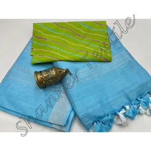 High Quality Linen Fabric Sarees Designer Cotton Blouse For Ladies From India Supplier ethnic garment party wear designer soft