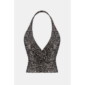 Chemise pour femme en sequins argentés, col en V, détail au dos - Product Image 6