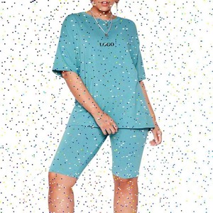 Haute qualité 100% coton femmes chemises Streetwear vêtements actifs goutte épaule dames Shorts deux pièces ensembles costumes d'entraînement - Product Image 4