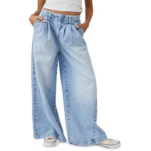 Jeans a Gamba Larga in Cotone Free People Open Sky Blue Equinox, Pantaloni Boyfriend Traspiranti in Denim Stile Semplice Taglia XL con Logo in Vita - Product Image 1