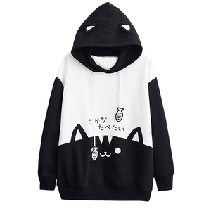 Sudadera con Capucha de Orejas de Gato, Diseño de Bloques de Color en Contraste, Manga Larga, Forro Polar, Transpirable, para Otoño, Estilo Casual - Product Image 1