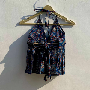 Bleu Ajrakh avant noeud tampons amovibles femmes haut rouille imprimé chérie cou tricoté vêtements licou court creux gland - Product Image 2