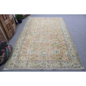 Vintage 5.5x8.5 ft Rug, Turkish Rug, <b>Yellow</b> Check <b>Wool</b> Rug - Product Image 1