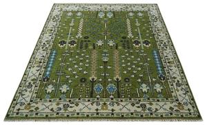 Tapis artisanal indien noué à la main 8x10, 9x12, 10x14 pieds. Vert royal et ivoire. Style turc traditionnel. Tapis en laine motif arbre de vie. - Product Image 3