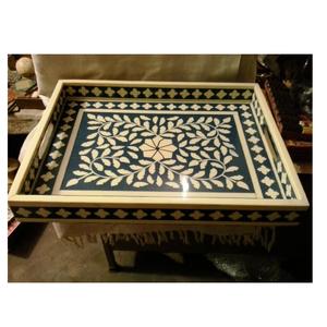 Plateau de service en bois incrusté d'os vert fait à la main plateau de table rectangulaire décoratif avec poignées à motif floral pour la décoration intérieure - Product Image 1