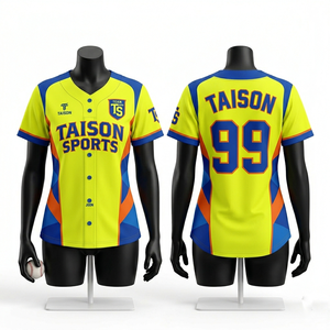 เสื้อกรรมการเบสบอลหญิง 180 GSM ผ้าโพลีเอสเตอร์ตาข่ายระบายอากาศ สีเหลืองนีออน ดีไซน์แผงสีน้ำเงิน พิมพ์ลายแบบ Sublimation โลโก้สั่งทำได้ - Product Image 1