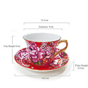 Service à café en porcelaine fine Shin Tai Yuan, motif pivoine rouge, bord doré, imprimé par transfert d'eau, design floral, poignée dorée - Product Image 2