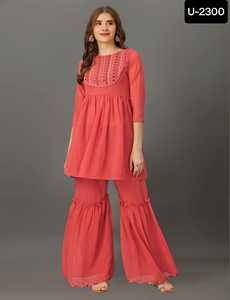Traje étnico indio Georgette Sharara para mujer hermoso encaje Kurtis con espejo trabajo cuello patrón ropa paquistaní - Product Image 4