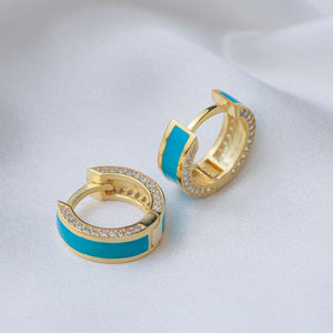 925 <b>Sterling</b> <b>Silver</b> Jewelry Enamel Design Turquoise Color CZ Stone <b>Hoop</b> Earrings Turkish Handmade - Product Image 4