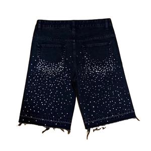 Manufacturer Custom Men's Streetwear Rhinestone Baggy Long <b>shorts</b> Oversized Acid Wash Distress 100% Cotton <b>Denim</b> Jean <b>Shorts</b> Men - Product Image 2