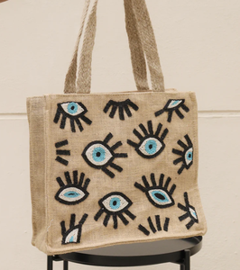 Sac fourre-tout Evil Eye perlé fait à la main par le grossiste indien Sacs fourre-tout en perles tissés à la main Fourre-tout en jute durable par glowin fashion - Product Image 3