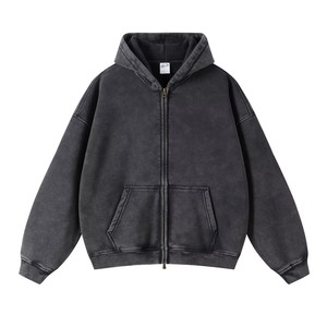 Nuevo diseño Vintage Acid & Stone Wash HOODIE Zipper Distressed Heavyweight Oversize Top para hombres Otoño Invierno sudadera - Product Image 2