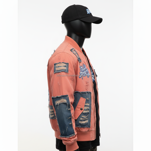 Chaqueta Bomber de alta calidad para hombre, mezcla de algodón con paneles de retazos de mezclilla, chaqueta Bomber con logotipo bordado de estilo desgastado para hombre - Product Image 2