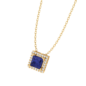 Colgante de Piedra Preciosa de Circonita Cúbica Tanzanita con Corte Princesa, Chapado en Oro Rodio/Oro Amarillo, Cadena de 18 Pulgadas, 9.6mm de Ancho, 1.2g, Fino - Product Image 1