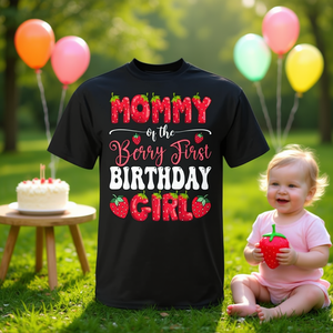 Maglietta personalizzabile promozionale per la mamma e il neonato: T-shirt per il primo compleanno della bambina a tema fragola - Product Image 3