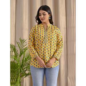 Multi Yellow Butti Cotton <b>Top</b> with Front Buttons Breathable Feature - Product Image 5