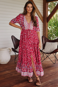 OEM ที่กําหนดเองสาวชายหาดฤดูร้อนพิมพ์ลายดอกไม้ Boho ยาวเรยอน Ruffles ลําลองคอวีเซ็กซี่ Boho Maxi Plus ชุดเสื้อคลุมหญิง - Product Image 5
