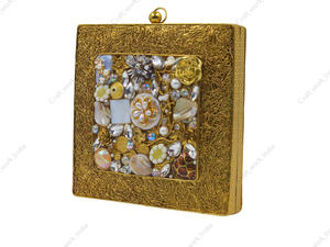 Handcrafted <b>Gold</b> Metal Square <b>Clutch</b> with Pearl Crystal Floral Mosaic Inlay Frame Luxury Designer Statement Bag gift her - Product Image 2