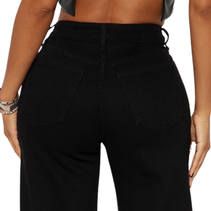 Jean droit taille haute en denim noir respirant pour femme, avec détail de découpe à la cuisse et garniture à clous argentés, style décontracté, longueur intégrale - Product Image 4