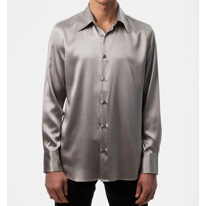 Vente chaude hommes mode gris chemise en soie pour hommes hauts à manches longues élégant décontracté Streetwear Blouse hommes Satin chemises - Product Image 1