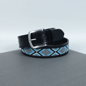 Western Cowboy Mode Ceinture En Cuir Noir Perlé Bleu Diamant Broderie Motif Poli Argent Alliage Boucle Vache Peau Matériel - Product Image 1