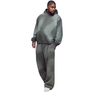 Men Olive Green Tracksuit <b>Paint</b> Splatter Hoodie Jogger <b>Set</b> Oversized Streetwear Wholesale Custom Logo - Product Image 1