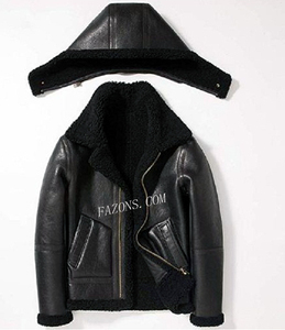 Blouson aviateur en cuir de mouton pour homme, à capuche amovible, doublure chaude, veste d'hiver, veste de moto - Product Image 2