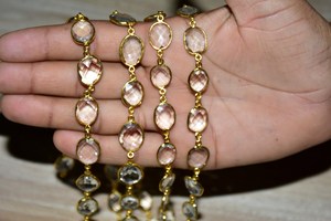Lovely White Crystal Oval Bezel Gemstone Connector Chain <b>Rosary</b> Chain, Gold Plated Connector bezel Chain for Jewelry Making - Product Image 6