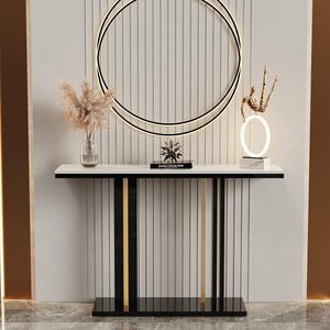 2 Tier Modern Design Black Color Metal <b>Console</b> <b>Table</b> with <b>Glass</b> Top Sleek Design for Entryway Living Room or Hallway Deco - Product Image 5