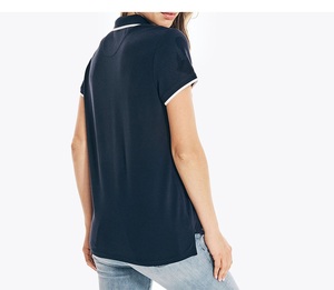 Polo de Manga Corta Azul Marino para Mujer, Color Sólido, Tejido de Punto, Casual, Transpirable, Largo Regular - Product Image 2