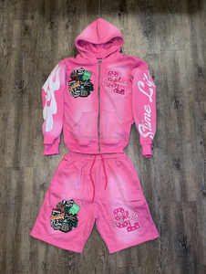 Apliques bordados parche desgastado lavado ácido Vintage multicolor 100% algodón Sudadera con capucha pantalones cortos 2 piezas Unisex verano High Street - Product Image 4