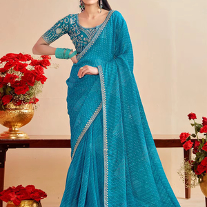 Mousseline de soie de qualité supérieure avec saree bandhni avec broderie - Product Image 1
