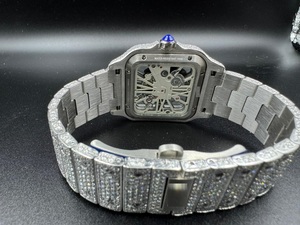 Montre de luxe en acier inoxydable de 41 mm, squelette antique, diamant moissanite, glacée, hip hop, mouvement à quartz, verre analogique jaune - Product Image 3