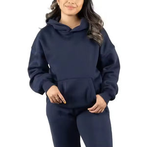 Sweat à capuche oversize classique bleu foncé pour femme avec poche kangourou, ourlet côtelé, tissu polaire, sweat à capuche élégant pour femme - Product Image 1