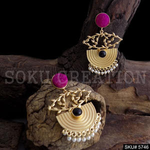 <b>Gold</b> Plated Gemstone Statement Drop <b>Earrings</b> Fashion SKU5746 with <b>Dangle</b> Design - Product Image 1