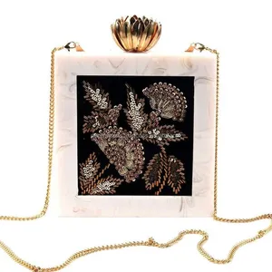 for Bridal Embroidered Purse Handbag for Women Resin Clutch Bag Heavy Stone Work With Detachable Gold Chain Evening Bag