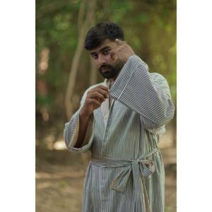 Robe Kimono Rayée en Coton pour Homme, Légère, Longue, avec Poches, Douce, Respirante, pour Spa, Plage, Hôtel, Vêtement d'Intérieur, Taille Unique - Product Image 4