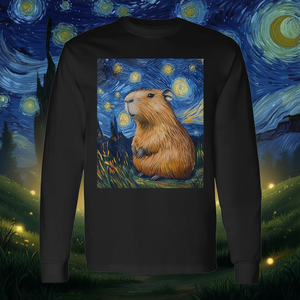 Camiseta de Manga Larga con Estampado de la Noche Estrellada de Van Gogh, Diseño Promocional de Capibara - Product Image 3