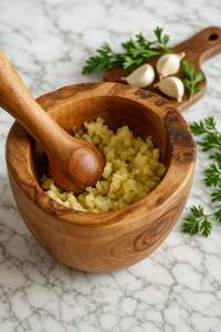 Mortero de madera de forma natural con detalles artesanales y base pesada, ideal para prácticas culinarias - Product Image 4