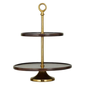 High Quality 2-Tier Bamboo Wood Metal Plate Stand Gold <b>Brown</b> <b>Shining</b> Polish for Cupcakes Desserts Dishwasher Safe for Parties - Product Image 2