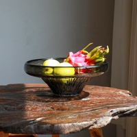 Bol en verre soufflé à la main Bixuan, moderne, couleur ambre miel fumé, avec bord épais, sur piétement, motif vague de soleil, pour fruits, décoration de table
