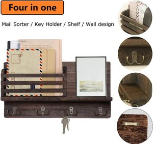 Wooden <b>Wall</b> <b>Mounted</b> Mail and Key Holder Mail Letter Sorter Organizer <b>Rack</b> Hanging with 4 Double Key Hooks <b>Rack</b> Floating - Product Image 3