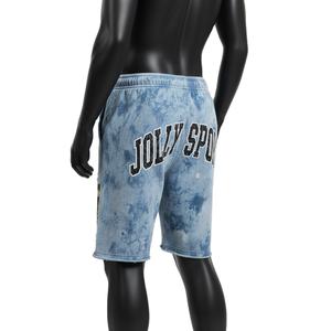 Shorts en molleton de coton délavé pour homme, tissu épais et doux, bleu, panneaux effet usé, impression en relief, logo personnalisé, shorts délavés pour homme - Product Image 4