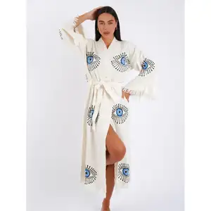 Summer Vintage Kimono Bohemian Evil Eye Long Sleeve Cardigan Women Lady Elegant Oversize Beach Cover Up