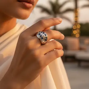 Bague en argent 925 sertie de saphir pour femmes, taille ajustable, style ethnique, bijoux de mariage avec placage en laiton - Product Image 2