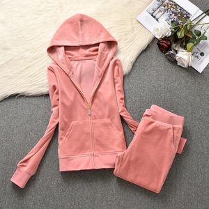 <b>Women</b> Winter Plus Size Solid <b>Velvet</b> 100% Cotton 2-Piece Tracksuit Set with Hoodie Trousers & <b>Jacket</b> - Product Image 4